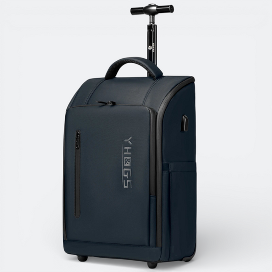 AïtaVia navy blue cabin-sized rolling backpack with retractable handle and USB port. Durable polyester.