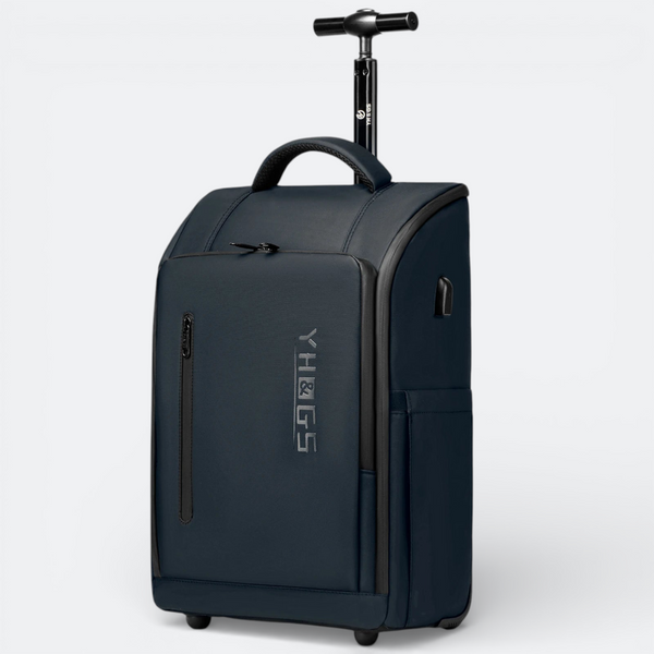 AïtaVia navy blue cabin-sized rolling backpack with retractable handle and USB port. Durable polyester.