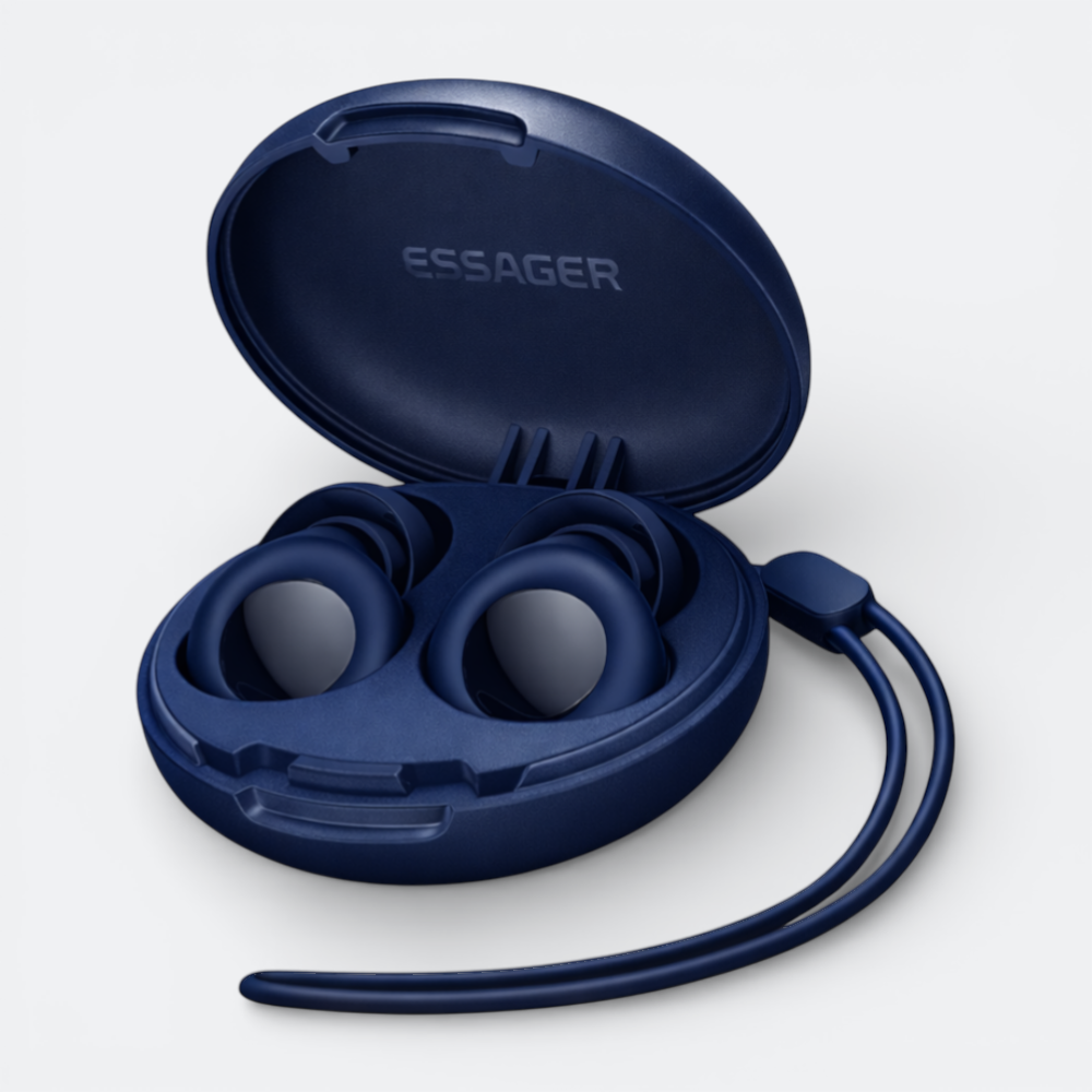 AïtaVia navy blue silicone earplugs with a matching charging case, designed for sleep and swimming.