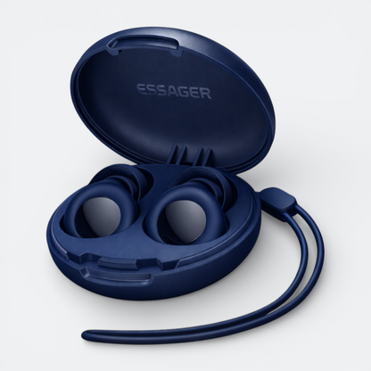 AïtaVia navy blue silicone earplugs with a matching charging case, designed for sleep and swimming.