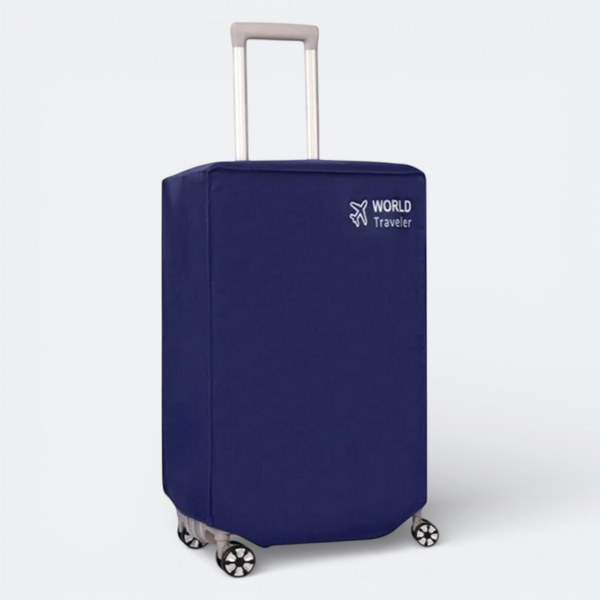 AïtaVia dark blue suitcase cover with 'World Traveler' logo, protecting luggage from damage during travel.