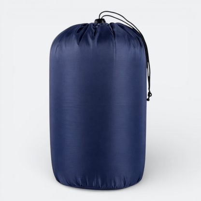 AïtaVia navy blue camping pillow in a drawstring stuff sack, compact and lightweight for travel.