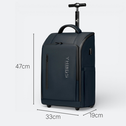 AïtaVia navy blue cabin-sized rolling backpack with telescopic handle and front zip pocket.