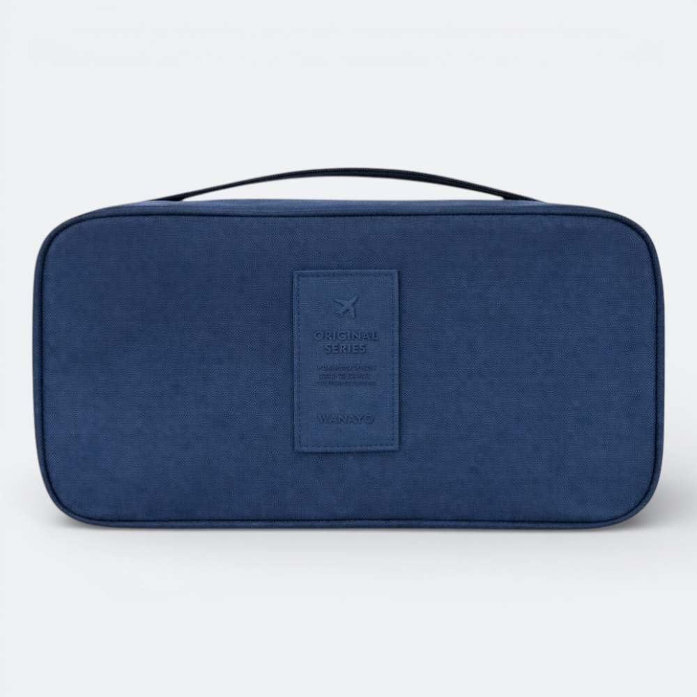 AïtaVia navy blue travel underwear organizer bag with handle and front patch.