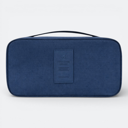 AïtaVia navy blue travel underwear organizer bag with handle and front patch.