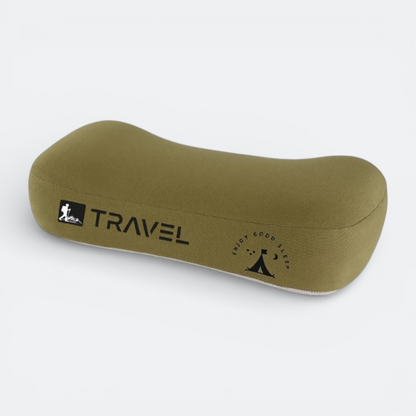 AïtaVia olive green ergonomic camping pillow with 'TRAVEL' logo and 'ENJOY GOOD SLEEP' text with tent graphic.