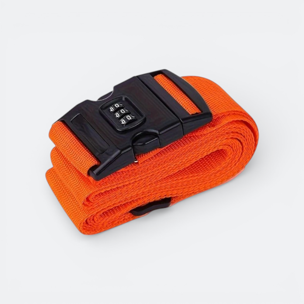 AïtaVia orange luggage strap with a black combination lock for secure travel.