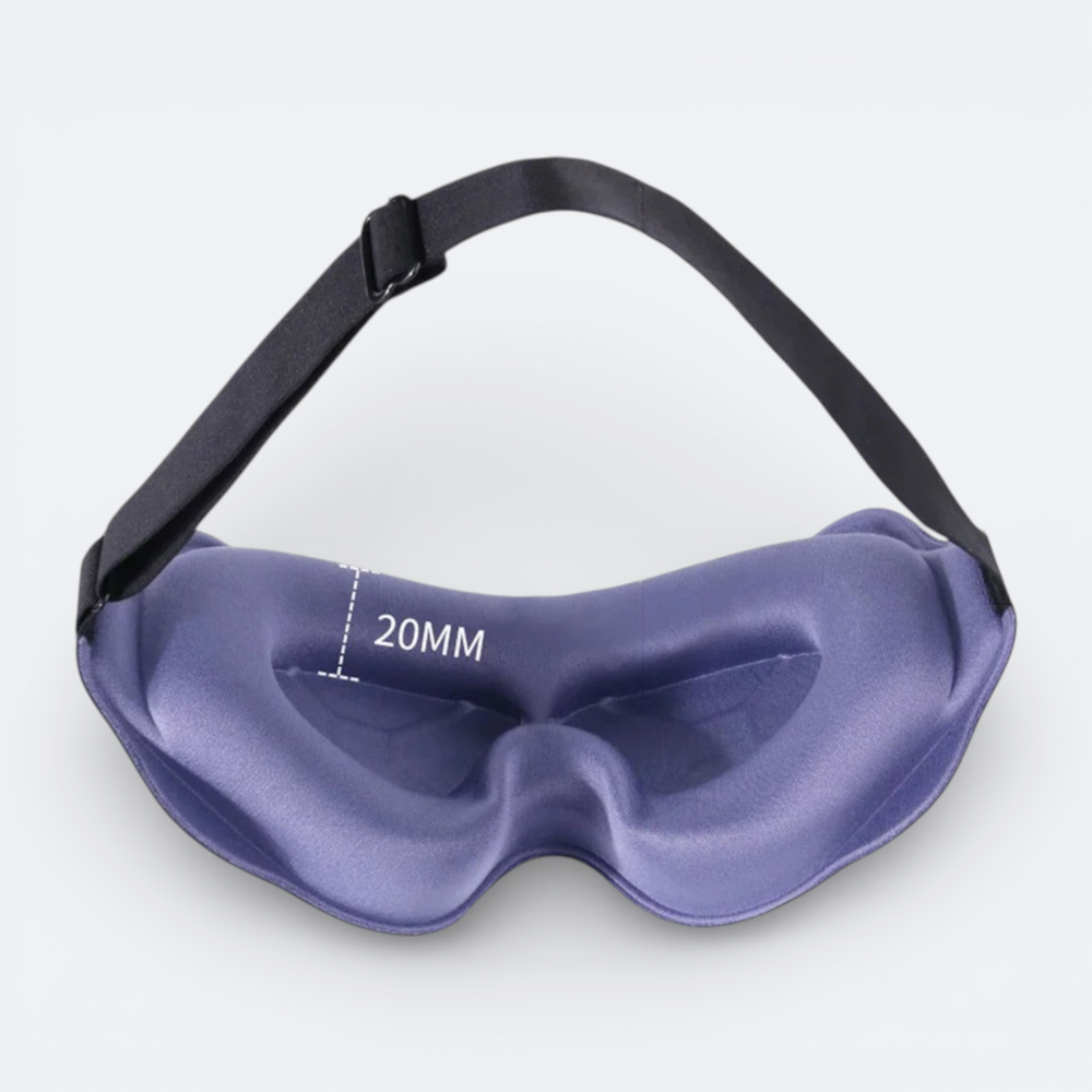 AïtaVia padded sleep mask in deep purple satin with adjustable black strap and 20mm eye contour.