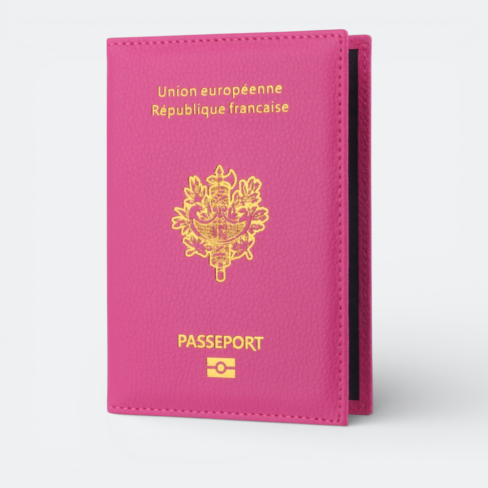 AïtaVia pink passport holder with gold French emblem and text "Union européenne République française" and "PASSEPORT".