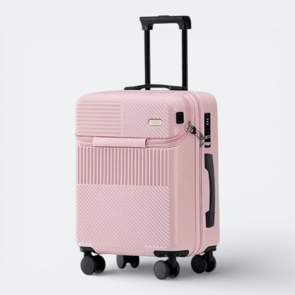AïtaVia pink front-opening suitcase with textured panels and a telescopic handle.