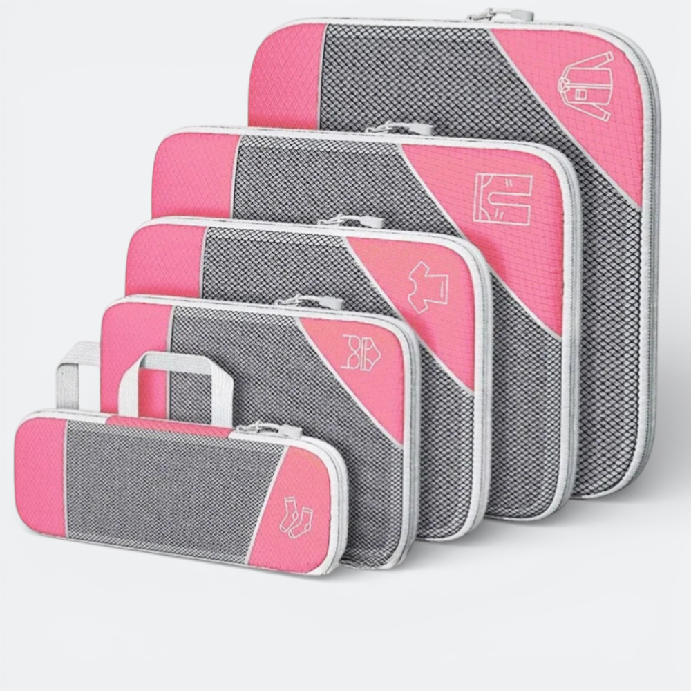 AïtaVia set of 5 pink and grey mesh compressible packing cubes with clothing icons.