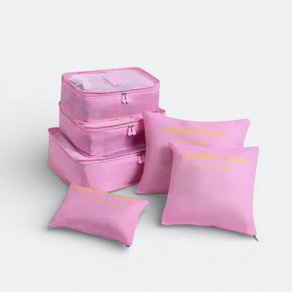 AïtaVia pink luggage organizer set with mesh top cubes and laundry pouches for travel.