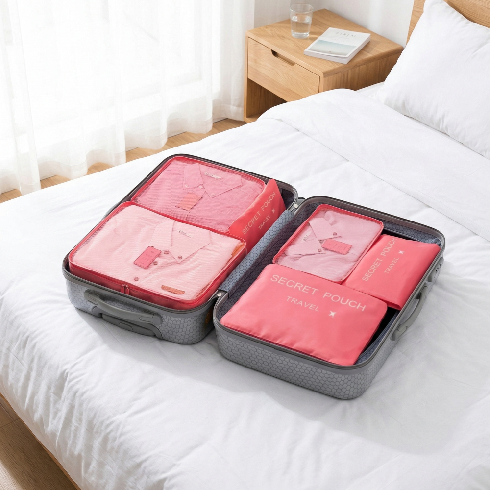 AïtaVia pink packing cubes and pouches neatly organizing clothes inside a grey suitcase on a bed.