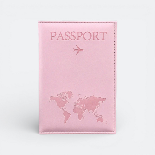 AïtaVia pink passport holder with embossed world map and airplane icon. Faux leather material.