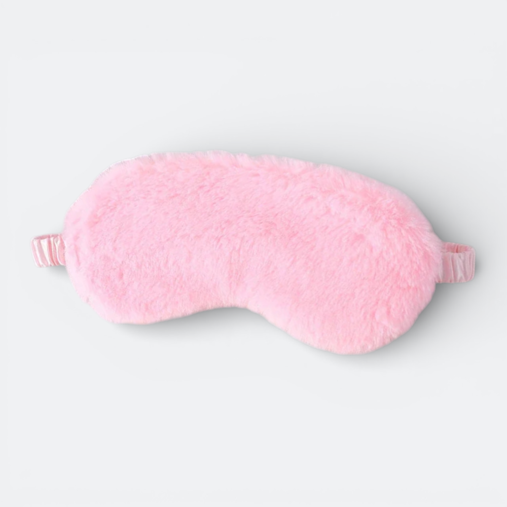AïtaVia pink plush sleep mask with elastic strap for travel and relaxation.