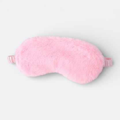 AïtaVia pink plush sleep mask with elastic strap for travel and relaxation.