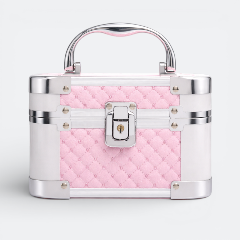 AïtaVia pink quilted cosmetic travel jewelry box with silver trim and handle. Features a central lock.