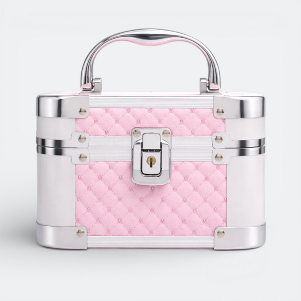 AïtaVia pink quilted cosmetic travel jewelry box with silver trim and handle. Features a central lock.