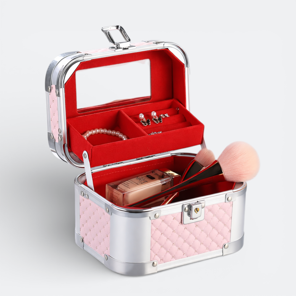 AïtaVia pink quilted travel jewelry and cosmetic case with red velvet lining, mirror, and compartments for jewelry and makeup.