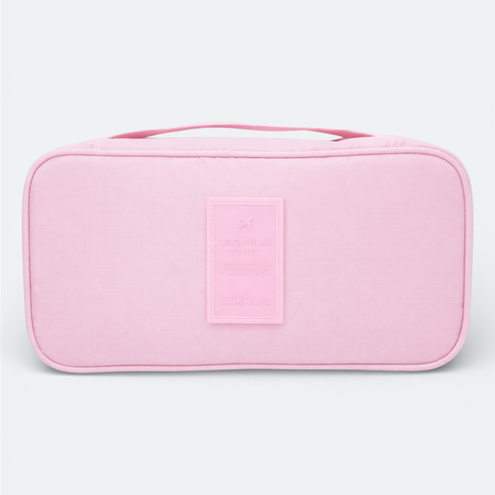 AïtaVia pink travel underwear organizer bag with handle and embossed patch.