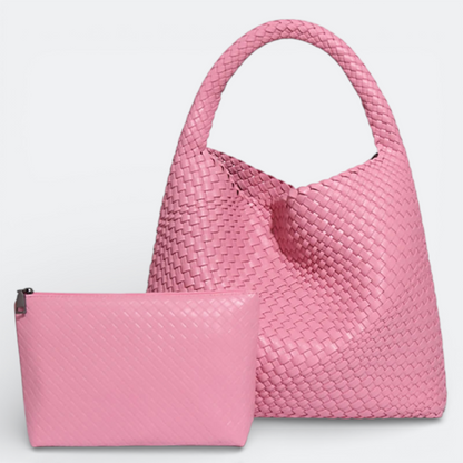 AïtaVia pink woven leather hobo handbag with matching pouch. Spacious and stylish for travel.