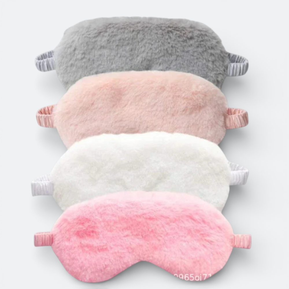 AïtaVia plush sleep mask in grey, pink, white, and light pink. Soft, comfortable, and ideal for travel.