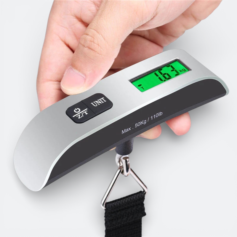 AïtaVia silver portable luggage scale with green LCD screen displaying 1.63 kg, max 50kg/110lb capacity.