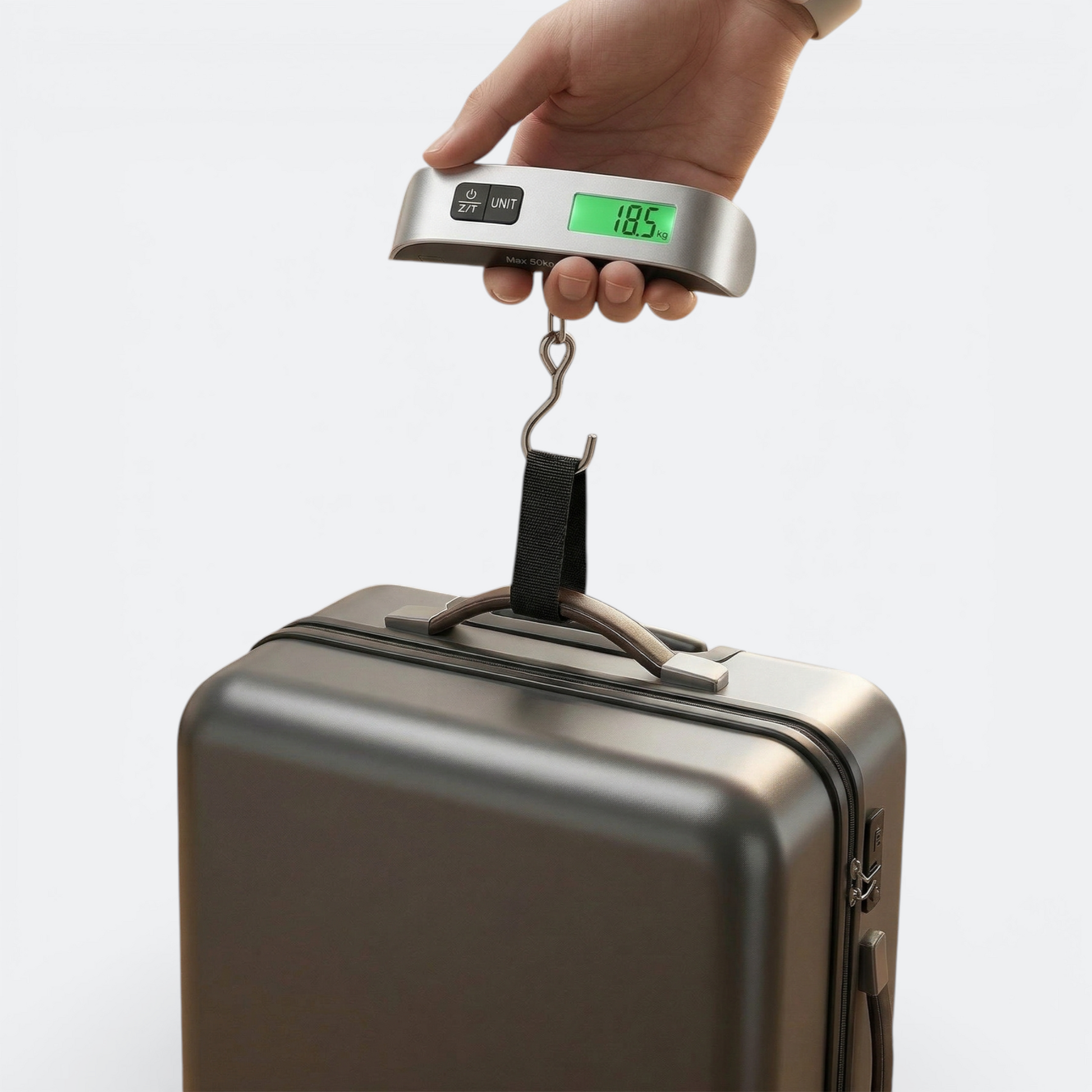 AïtaVia portable luggage scale in silver, weighing a dark grey suitcase. Digital display shows 18.5 kg.