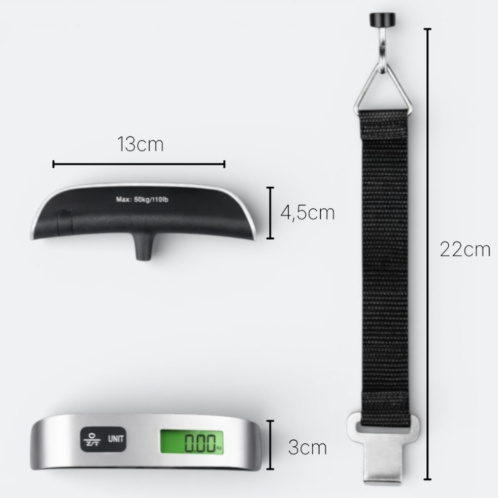 AïtaVia portable luggage scale with black strap and digital display, max 50kg/110lb capacity.
