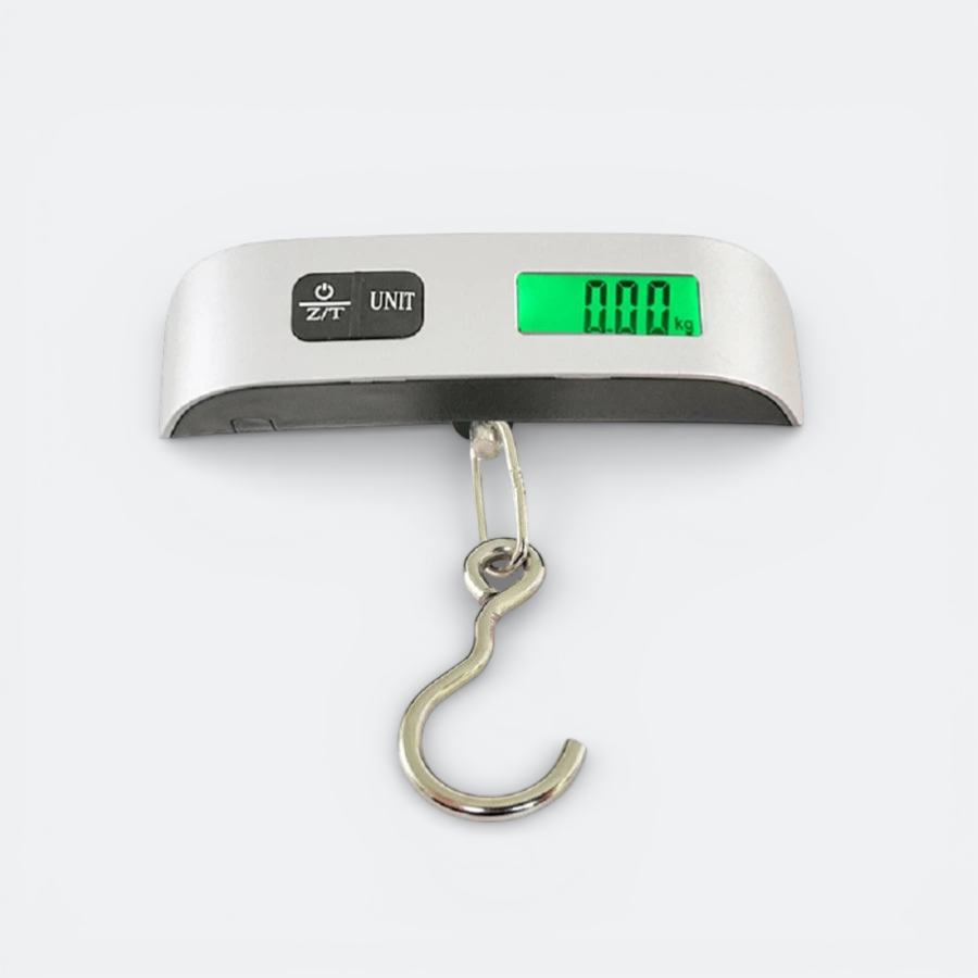 AïtaVia silver portable luggage scale with a digital green display showing 0.00 kg and a metal hook.