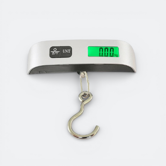 AïtaVia silver portable luggage scale with a digital green display showing 0.00 kg and a metal hook.