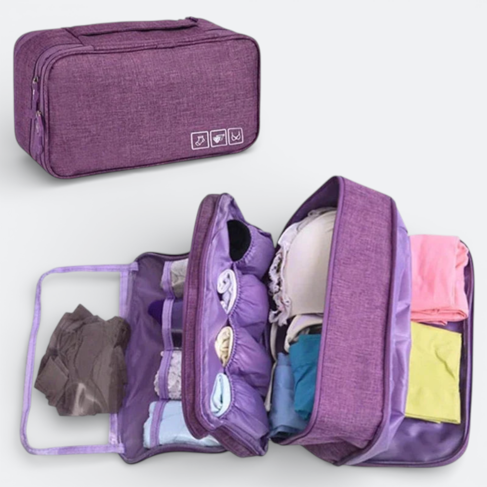 AïtaVia purple travel underwear organizer bag, designed for bras and lingerie, with multiple compartments for neat packing.
