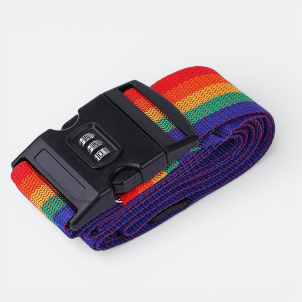AïtaVia rainbow luggage strap with a black combination lock, perfect for securing travel bags.