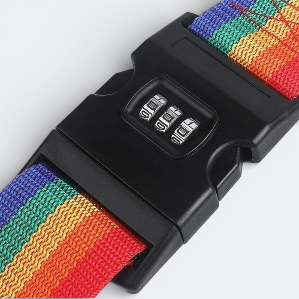AïtaVia rainbow striped luggage strap with a black combination lock for secure travel.