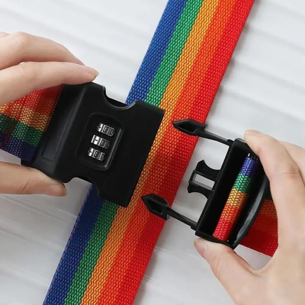 AïtaVia rainbow striped luggage strap with a black combination lock, perfect for travel security.