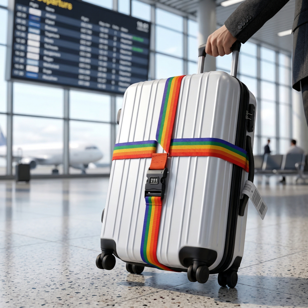 AïtaVia rainbow luggage strap with TSA lock on a silver suitcase at the airport.