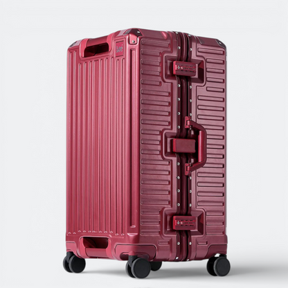 AïtaVia red aluminium frame suitcase with TSA lock and spinner wheels, ideal for travel.