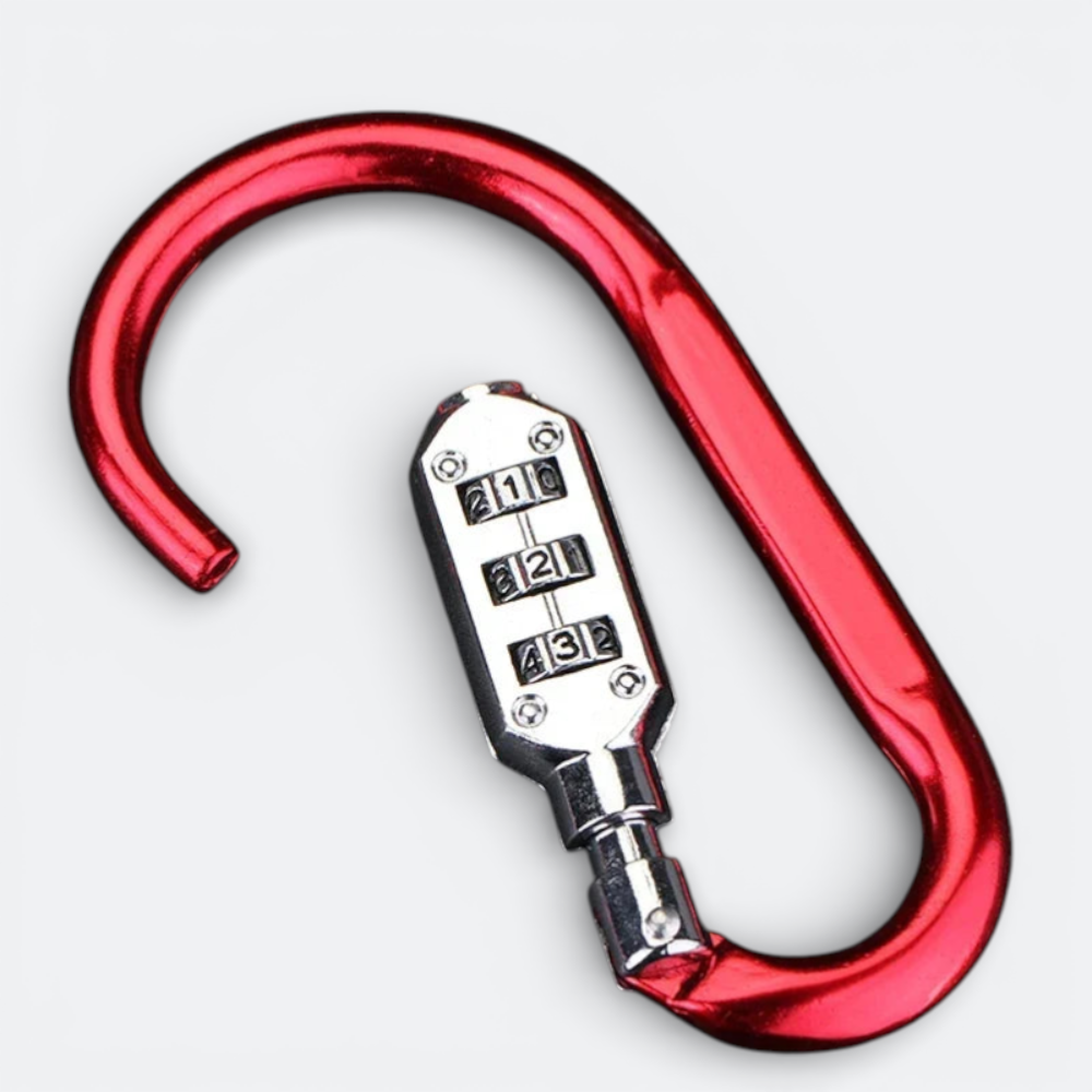 AïtaVia red carabiner luggage lock with a 3-digit combination lock mechanism.