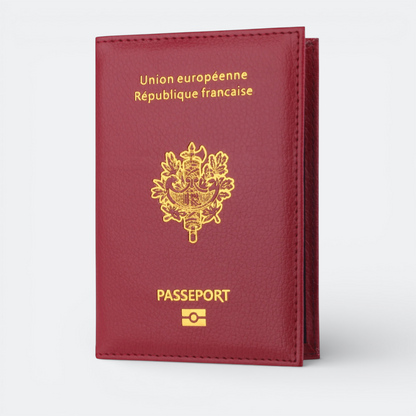 AïtaVia French passport holder in deep red leather with gold embossed French Republic emblem and text.