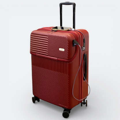 AïtaVia red front-opening suitcase with USB charging port and phone on top, ideal for travel.