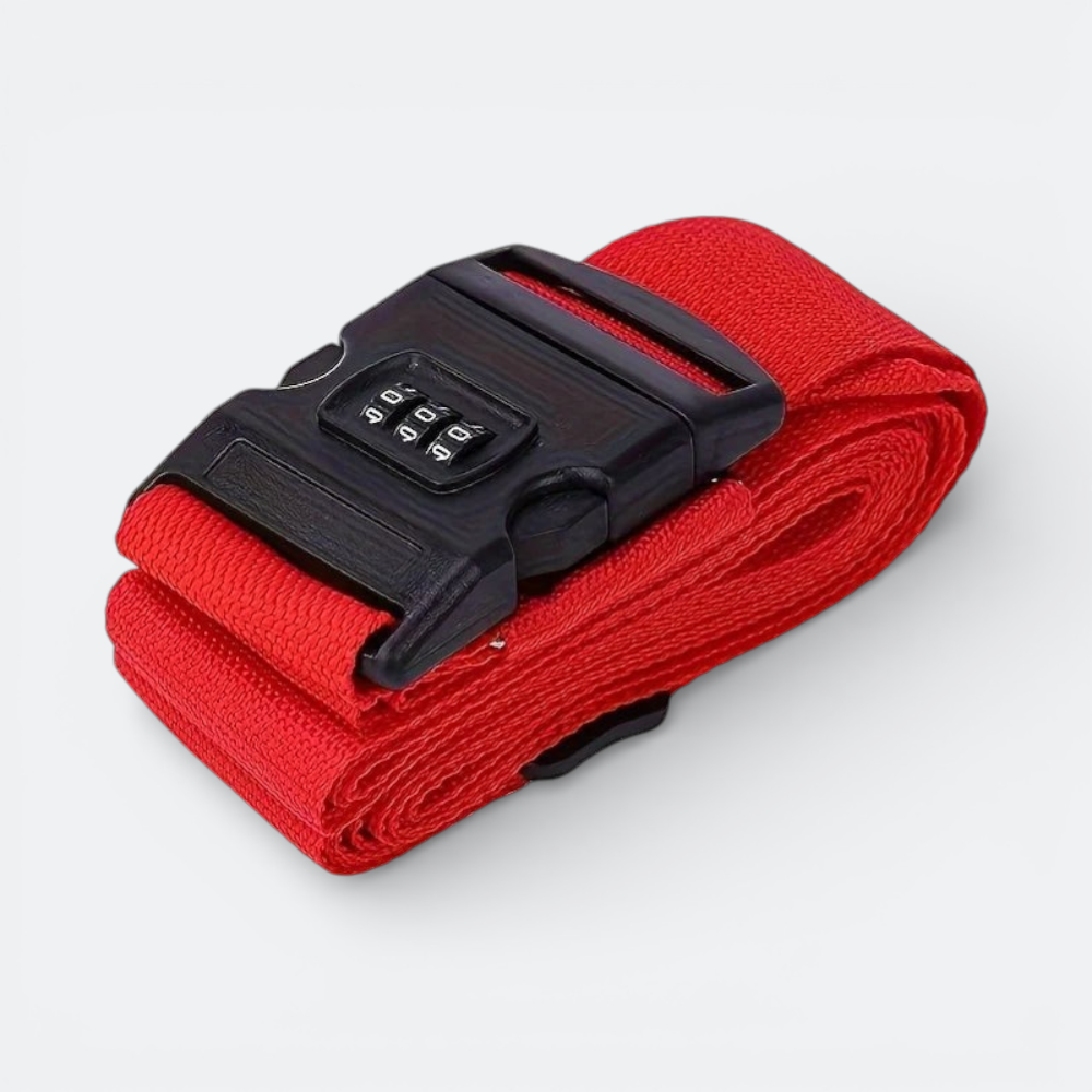AïtaVia red luggage strap with a black combination lock for secure travel.