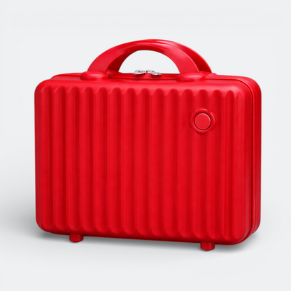 AïtaVia red petite makeup suitcase with ribbed texture and top handle, perfect for travel.