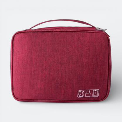 AïtaVia red fabric travel organizer case for charger cables and accessories with embroidered icons.
