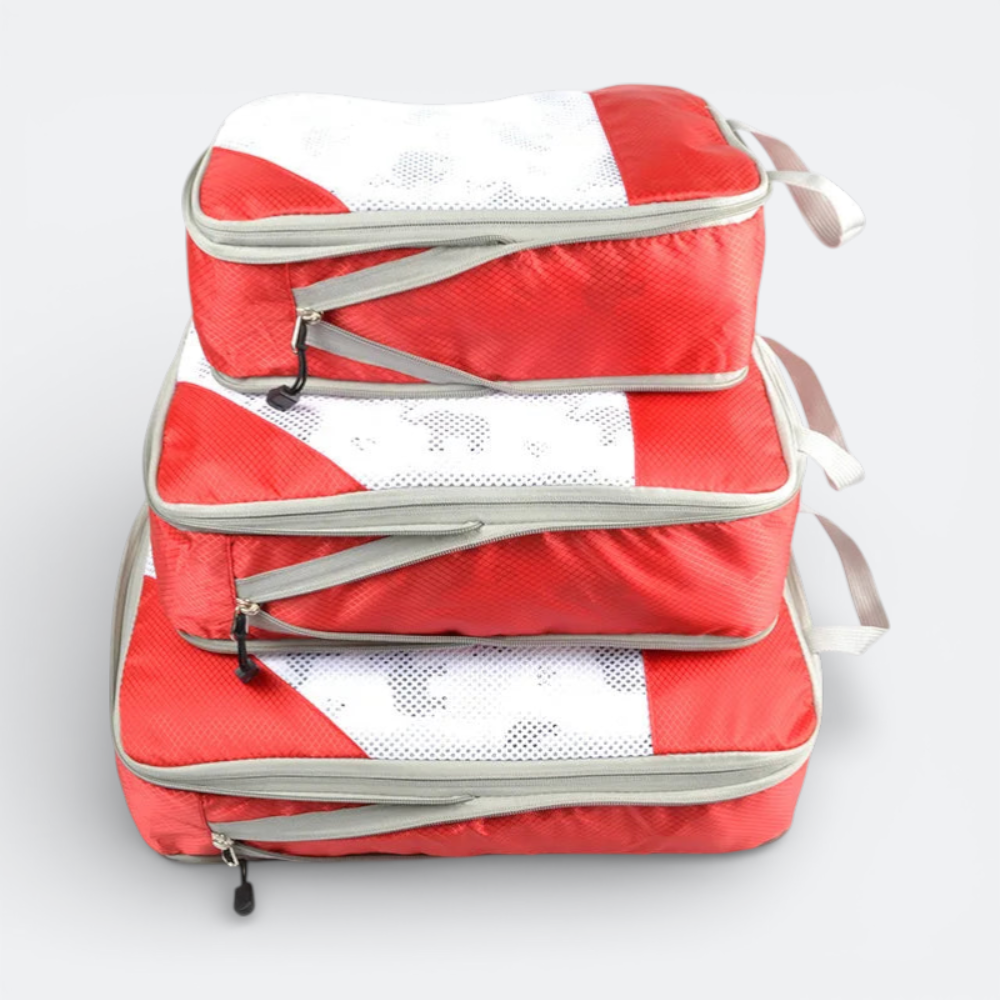 AïtaVia red and white cabin luggage organizers, set of 3, mesh front panels, zippered closure, travel packing cubes.