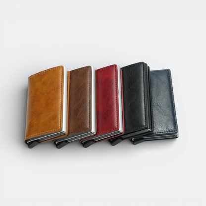 AïtaVia contactless card holder wallet in brown, red, black, and navy blue. Features a sleek, modern design.