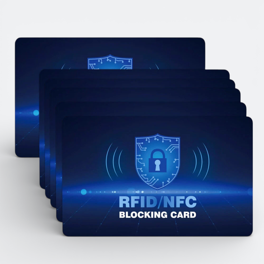 AïtaVia RFID/NFC blocking card with a blue shield and lock icon, protecting against electronic theft.