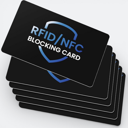 AïtaVia RFID/NFC blocking card with a blue shield logo, designed to protect credit cards from electronic theft.