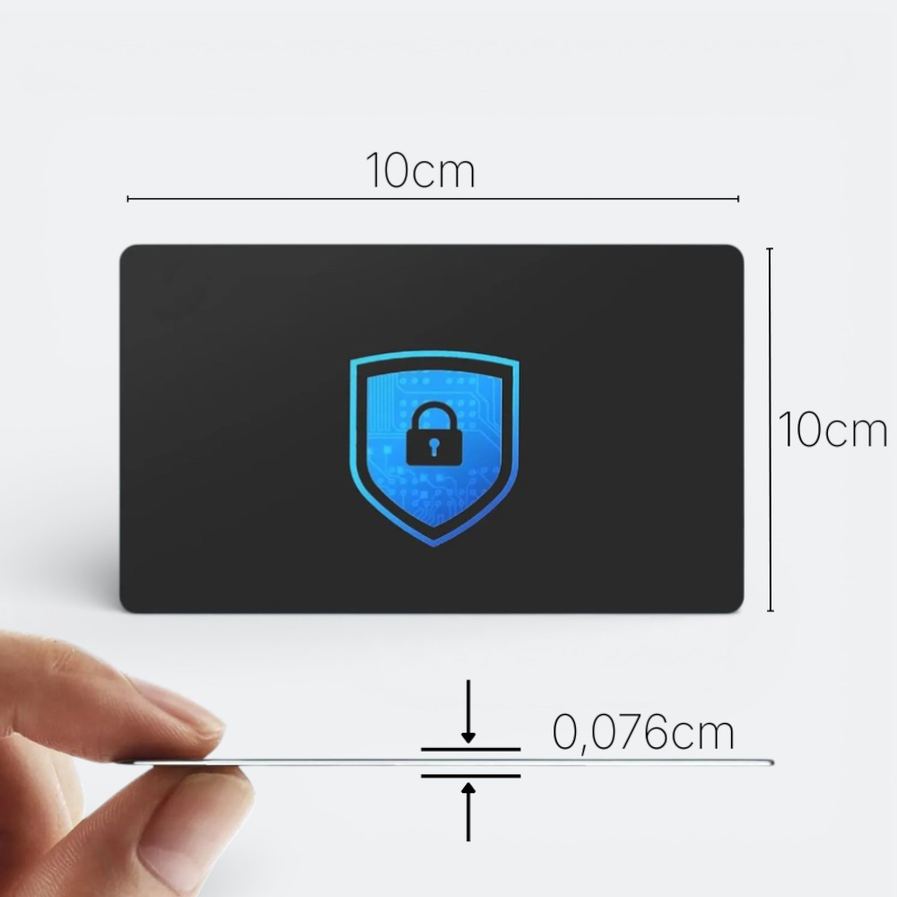 AïtaVia black RFID NFC blocking card with a blue shield and lock icon, 10cm x 10cm, 0.076cm thick.