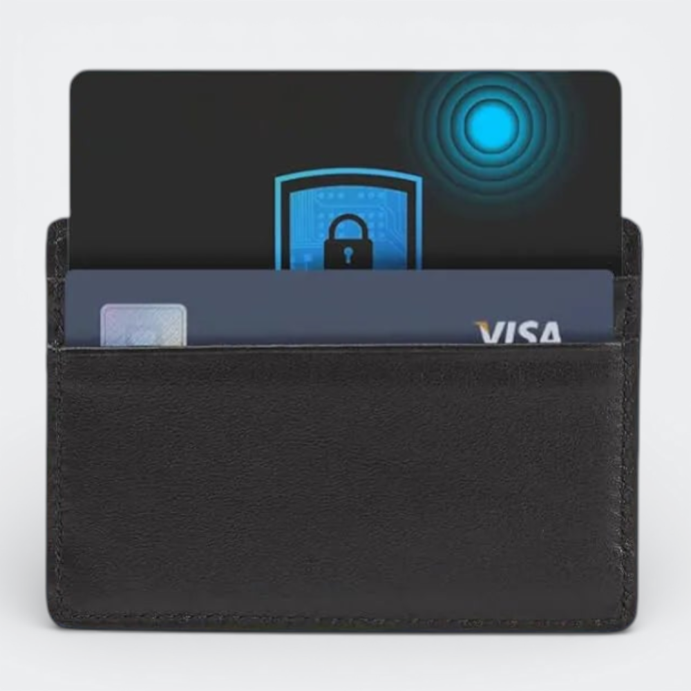 AïtaVia black leather card holder with RFID NFC blocking card featuring a shield and lock icon.