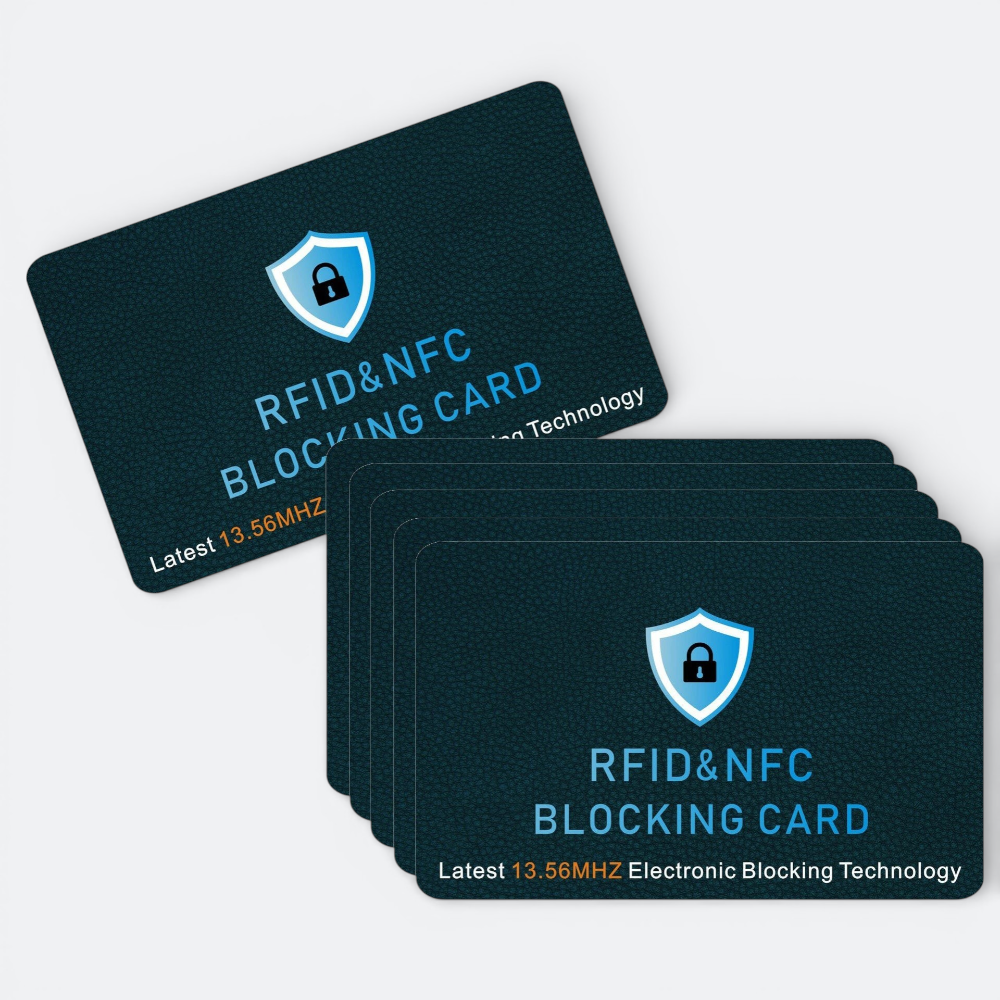 AïtaVia RFID & NFC blocking card with a shield and lock icon, dark blue textured background, latest 13.56MHz technology.